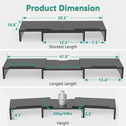 WALI Dual Monitor Stand Riser, 3 Shelf Laptop and Computer Monitor Stand with Phone Holder, Length and Angle Adjustable Desk Organizer (PTT007T-B), Black - Image 3