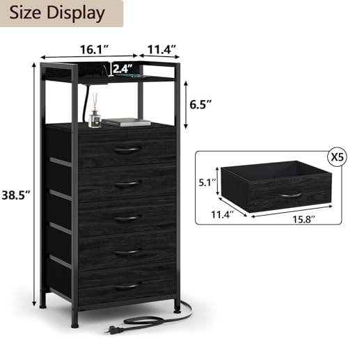 Furnulem Nightstand with Charging Station,LED,5 Drawers Dresser for Bedroom - Image 3