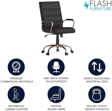 Flash Furniture Mid-Back Black LeatherSoft Executive Swivel Office Chair with Rose Gold Frame and Arms - Image 4