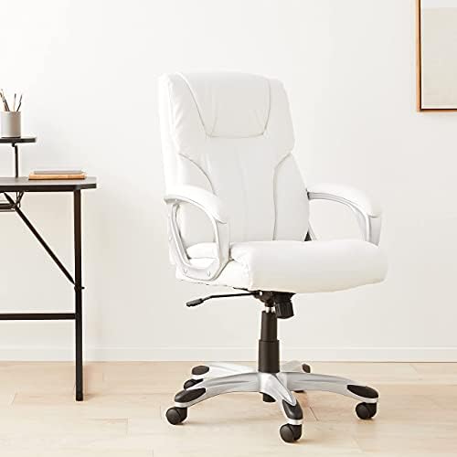 Amazon Basics Executive High Back Office Desk Chair, Adjustable Height, Tilt, Swivel, 275lb Capacity, Bonded Leather, White/Pewter - Image 2