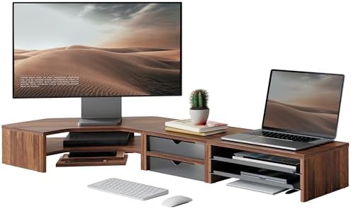 Fenge Dual Monitor Stand, Corner Desk Shelf with Drawer & Slide-Out Tray by Fenge
