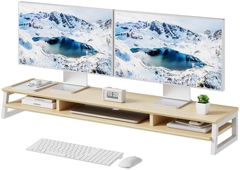 Dual Monitor Stand Riser for Desk, 41.7 Inch Large 2 Tier Computer Monitor Stand for 2 Monitors, Desktop Storage Organizer Shelf with Keyboard Space for Laptop PC Printer, Beige by Unknown