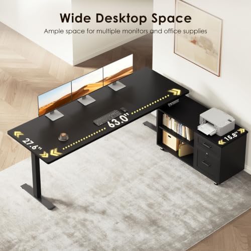 OffiGo 63 Inch L Shaped Electric Standing Desk with Cabinet Sets, Black - Image 4