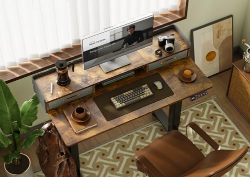Claiks Standing Desk with Drawers & Wheels, 2 Height Shelf 48" Rustic Brown - Image 2