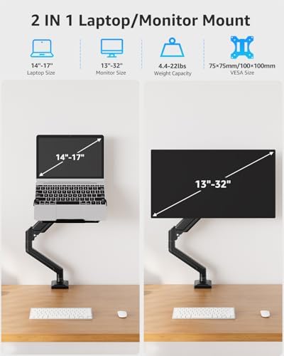 MOUNTUP Laptop Stand for Desk, 2-in-1 Monitor Mount with Laptop Tray Holds 2.2-22lbs, Adjustable Laptops Arm Mount for Max 17" Notebook & 32" Monitor, Laptops Desk Arm with Clamp/Grommet - Image 2