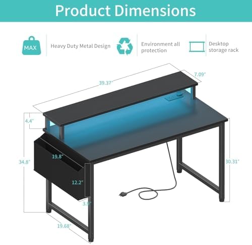 Lufeiya Black Gaming Desk with LED Lights and Power Outlets, 40 Inch Teen Writing Study Table Home Office Desks with Monitor Stand, Computer Desk with Charging Station USB Port, Black - Image 3