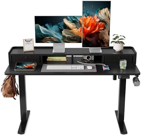 YIHAYO Electric Standing Desk with Drawers, 55 x 24 Inches Adjustable Desk with Storage Shelf, Stand Up Desk with Splice Board, Computer Table for Home Office, Black Frame/Black Top by YIHAYO