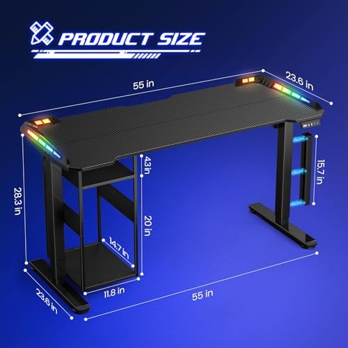 55" x 24" Electric Gaming Standing Desk with LED Lights & Host Shelf - Image 3