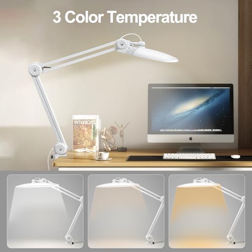 20" LED Desk Lamp with Clamp, 24W CCT Adjustable Dimmable Nail Light for Desk, 120 LEDs Metal Swivel Arm Daylight for for Nail Tech Task Home Office Reading Architect Craft, White - Image 2