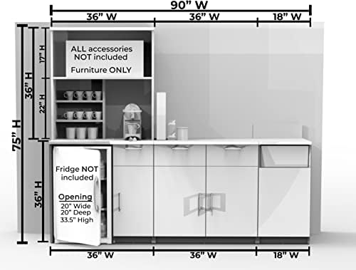 BREAKtime Breakroom Kitchenette Cabinet with 4-Door Storage, Mini Fridge Space & Upper Hutch, Microwave Space, Fully Assembled, 90" W x 24" D x 75" H, Appliances Not Included, Beech - Image 5