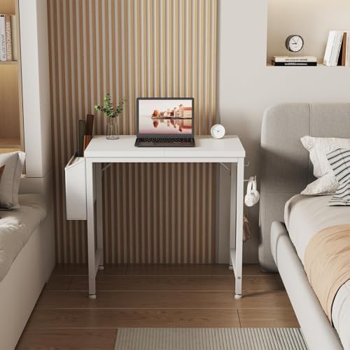 Lufeiya Small White Desk for Small Spaces, 24 Inch Kids Girls Study Writing Mini Desks for Bedroom, Simple Modern Laptop PC Little Side Table with Storage Bag Headphone Hook, White - Image 4