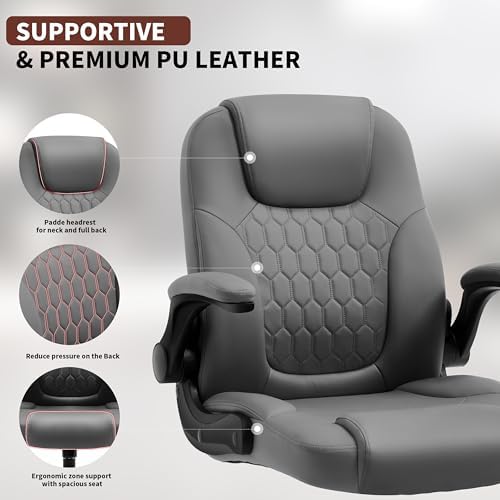 PU Leather Office Chair Swivel Lumbar Support for Short People Grey - Image 5