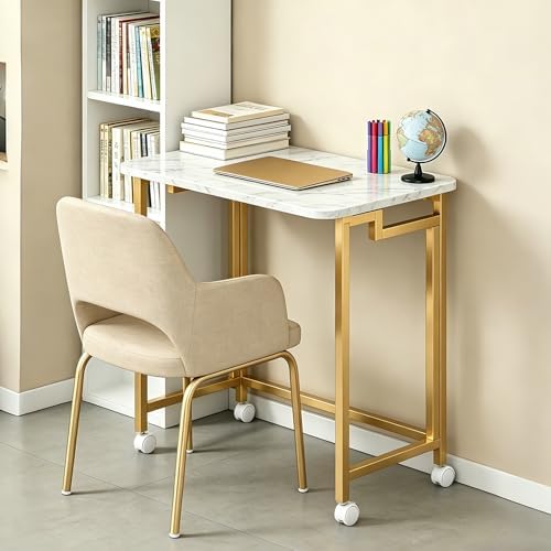 JSB Folding Desk for Small Spaces,Mobile Portable Rolling Laptop PC Table on Wheels,Foldable Computer Desk for Home Office,Bedroom,Dorm,Space Saving (White&Gold, 23.6") - Image 6