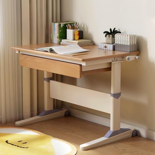 YESWOOD 21''-30'' Adjustable Study Desk for Kids, Solid European Beech Wood Writing Desk for Children, Hand Crank Height Adjustable Learning Desk with Large Drawer & Side Hook for Home Office by YESWOOD