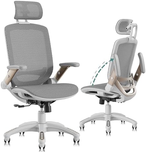 GABRYLLY Ergonomic Office Chair, High Back Home Desk Chair with 2D Flip-Up Arms, 3D Headrest, 90-120° Tilt and Wide Cushion, Big and Tall Mesh Chairs for Man Woman, White Computer Task Chair by GABRYLLY