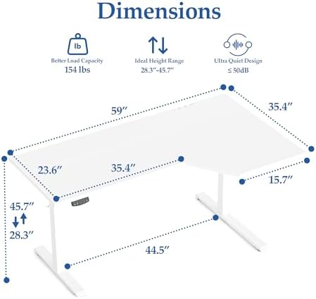 Klicelor L Shaped Standing Desk 59 x 35.4 Inch, Electric Height Adjustable Corner Desk for Home Office Workstation, Ergonomic Sit Stand Computer Table with Memory Controller, White - Image 3