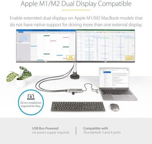 StarTech USB-C/A Dual-HDMI Adapter, 4K 30Hz and 1080p, 3X USB-A 5Gbps Hub - Image 3