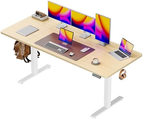 Huuger 63 x 28 Large Electric Standing Desk, Height Adjustable Computer Desk, 27.6" Deep Desktop, Stand up Gaming Office Table with 2 Hooks, 3 Preset Heights, for Home Office, Maple, 7021Q-1 by Huuger