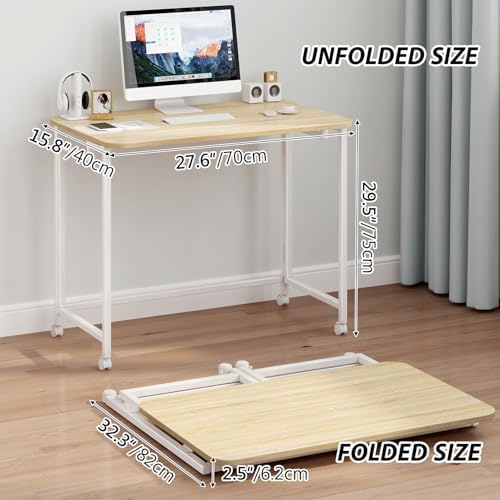 JSB Folding Desk for Small Spaces,Mobile Portable Rolling Laptop PC Table on Wheels,Foldable Computer Desk for Home Office,Bedroom,Dorm,Space Saving (Natural & White, 27.6") - Image 2