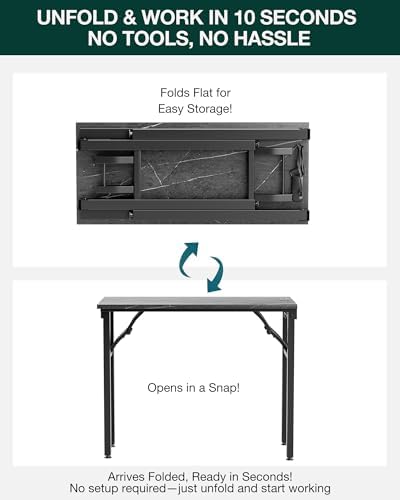 Frylr Small Folding Computer Desk – 35.8 Inch Portable Table for Craft and Study, Lightweight Desk for Small Spaces, Foldable Laptop Table Built-in AC/USB Outlets for Convenience, Marble Greige - Image 3