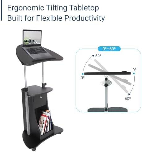 Techni Mobili Adjustable Height Rolling Laptop Cart with Storage, Black - Image 5