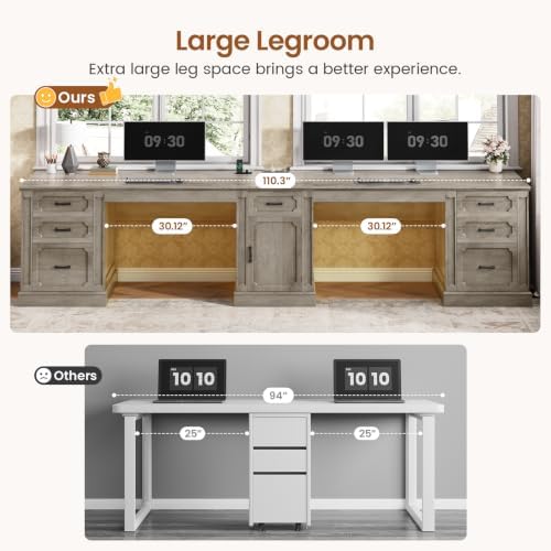 SEDETA Farmhouse 110.3" Two Person Desk with 7 Drawers, Long Computer Desk with Storage Cabinet, 2 Person Desk with Power Outlets for Home Office, Gray - Image 7