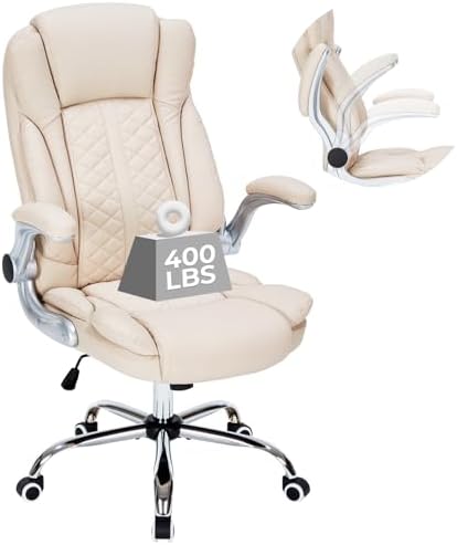 400lbs Executive Office Chair with Flip-Up Armrests, Big and Tall Computer Chair for Heavy People, Heavy Duty Ergonomic Comfy Chair, Breathable PU Leather (Cream) by BUYNOW