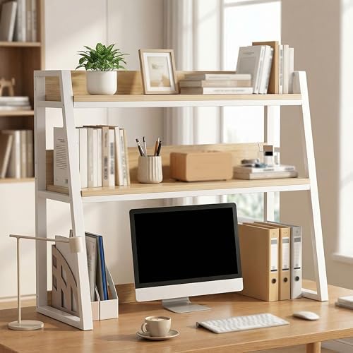 2-Tier Dorm Desk Hutch,Ladder Desktop Bookshelf,2-Tier Computer Desktop Bookcase,Desk Hutch Top Only，Organizer Shelf,Multipurpose Display Rack (White, 45x13x35inch 139.99) by Unknown