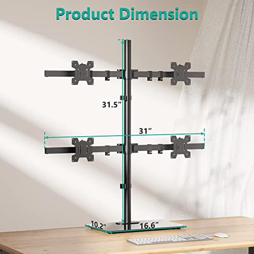 WALI Freestanding Quad Monitor Mount for 17-27 Inch Screens, Fully Adjustable 4 Monitor Stand with Swivel, Tilt, Rotation, Glass Base, Max Load 22 lbs per Arm (GMF004), Black - Image 4