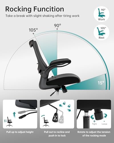 MUXX.STIL Office Chair, PU Leather Ergonomic Desk Chair with Adjustable Lumbar Support and Flip up Armrest, Breathable Mesh Computer Chair for Home Office, Black - Image 5