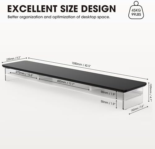 Fenge 42.5" Dual Monitor Stand with Clear Acrylic Legs, Black - Image 4