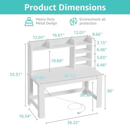 WINAZ 43" White Student Desk with Hutch and Built-in Power Outlet - Image 3