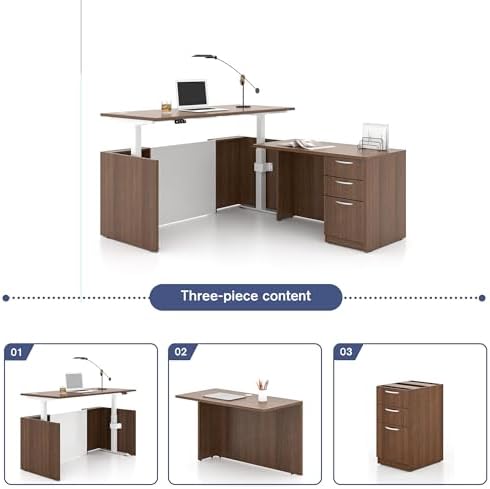 L-Shaped Executive Office Standing Desk with Pre-Assembled Frame & Lockable File Cabinet, Dual Motor Height Adjustable Electric Sit Stand Desk, Programmable Controller, Walnut/White - Image 4