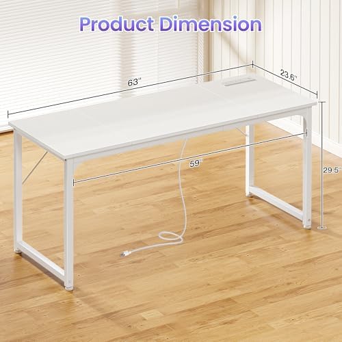 PRAISUN 63 X 24 Inch Computer Desk, Power Outlets, USB-C, White - Image 3