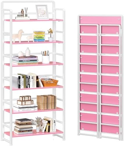 4NM No Assembly 6 Tier Folding Bookshelf Tall Storage Shelves Vintage Bookcase Standing Racks Study Organizer Home Office by 4NM