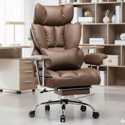Efomao Big and Tall Office Chair 400lbs – PU Leather Executive Office Chair with Lumbar Support & Leg Rest, Heavy-Duty Computer Chair for Home Office, Brown by OFFICECHAIR