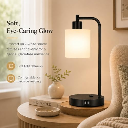 Set of 2 Industrial Touch Control Table Lamps with 2 USB Ports and AC Outlet - 3-Way Dimmable Black Bedside Lamp Nightstand Desk Lamps for Bedroom Living Room, Opal Glass Shade & 2 LED Bulbs Included - Image 3