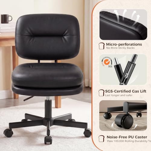 COMHOMA Home Office Desk Chair with Comfy Lumbar Support, Small Vanity Chair with Wheel for Bedroom, Thick Padded & Armless, 19.1"-25.4" Height Adjustable, Soft PU Leather, Black - Image 5