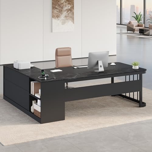 UPOSOJA 71" Executive Desk, Large Office Desk with Drawers & Storage Shelves, Modern L Shaped Computer Desk Corner Desk with Power Outlets, File Cabinet, Business Furniture Desk Workstation (Black) - Image 7