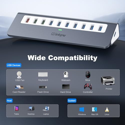 Powered USB Hub 10Gbps, 10 Port USB 3.2 Gen 2 Hub with 7 USB 3.2 Data Ports, 3 Fast Charging Ports, 36W Power Adapter, Type A and Type C Cable, Aluminum USB Hub for Laptop, Mac, PC - Image 5