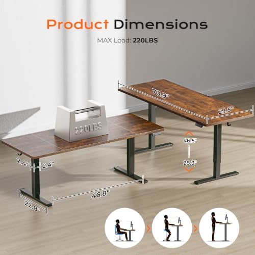 Huuger 71 x 30 Large Electric Standing Desk, Height Adjustable Computer Desk, 29.5" Deep Desktop, Stand up Gaming Office Table with 2 Hooks, 3 Preset Heights, for Home Office, Rustic Brown - Image 2