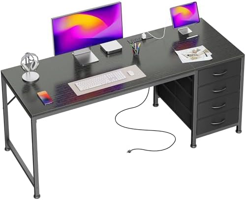PRAISUN 55.1 Inch Computer Office Desk with Power Outelts and USB-C Port, Reversible Gaming Desk with 4 Fabric Drawers, Work Study Desk Work from Home, Black by PRAISUN