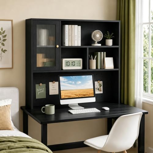 LINLIUA Desktop Bookshelf, Desk Hutch Dorm with Pegboard, Desk Shelves for Top of Desk, Wood Desktop Storage Rack with Cabinet Door, Countertop Bookcase for Office Dorm Home Study by LINLIUA