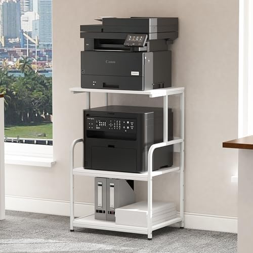 Arbuxzuy Printer Stand with Storage Shelf,3 Tier Printer Cart with Wheels,Mobile Printer Table for Home Office,Stands for Printer Heat Press Scanner Fax,Industrial Style (White) by Arbuxzuy