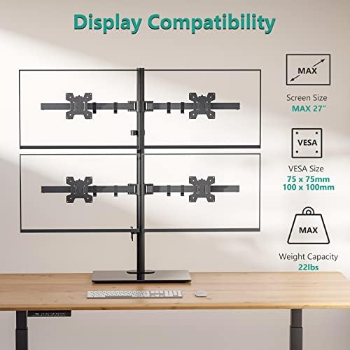 WALI Freestanding Quad Monitor Mount for 17-27 Inch Screens, Fully Adjustable 4 Monitor Stand with Swivel, Tilt, Rotation, Glass Base, Max Load 22 lbs per Arm (GMF004), Black - Image 3