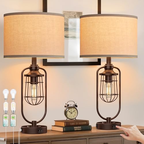 24" Rustic Farmhouse Table Lamps Set of 2 for Living Room, USB A+C by SRJJRS