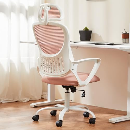 Sweetcrispy Office Computer Desk Chair, Ergonomic High-Back Mesh Rolling Work Chairs with Wheels and Adjustable Headrests, Comfortable Lumbar Support, Comfy Armrest for Home, Bedroom, Study, Pink by Sweetcrispy