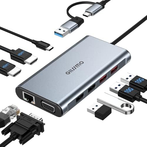 USB Docking Station Dual Monitor, GIISSMO 9-in-1 USB A 3.0 / USB C Docking Station Triple Monitor with 2 HDMI,VGA, 10Gbps USB 3.1, Gigabit Ethernet, Triple Display for Mac & MacBook & Windows Laptop by GIISSMO