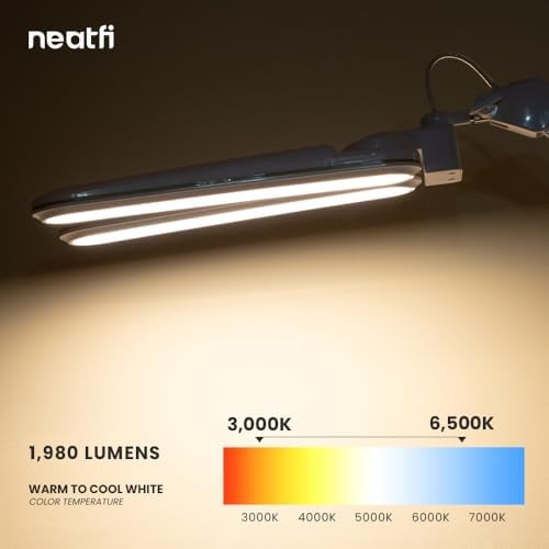 Neatfi Elite HD XL LED Desk Lamp | 3 Light Modes | Non-Polar Dimming | 17 Inches Wide | Eye-Caring Desk Light for Home Office, Drafting, Beauty Shop, Workbench (Green Ring, CCT with Clamp) - Image 4