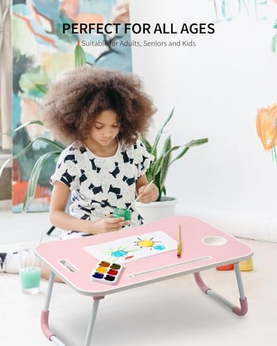 FISYOD Foldable Laptop Table, Portable Lap Desk Bed Table Tray, Laptop Stand with Cup Holder & Tablet Slot & Lifting Handle for Working Writing Drawing & Eating (Light Pink) - Image 4